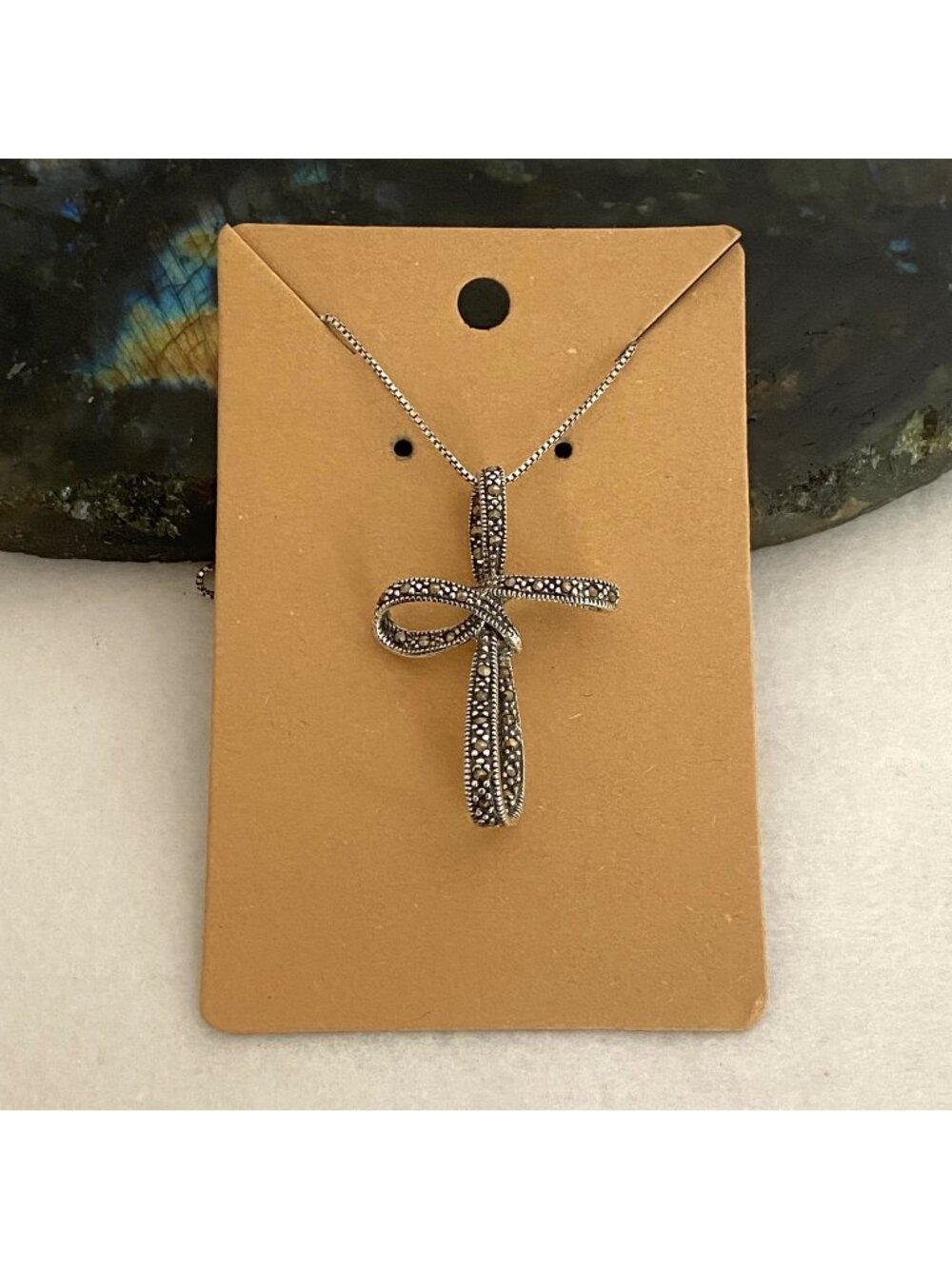 Sterling Silver 925 Marcasite Dimensional Cross Pendant Necklace 18" Chain